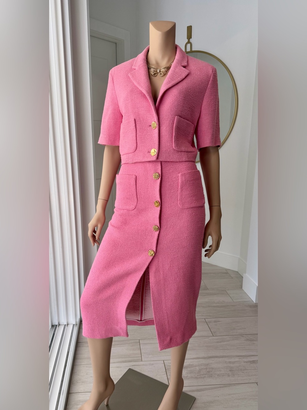 Zara Pink Tweed Two-Piece Skirt Suit Set L Like New Without Tags